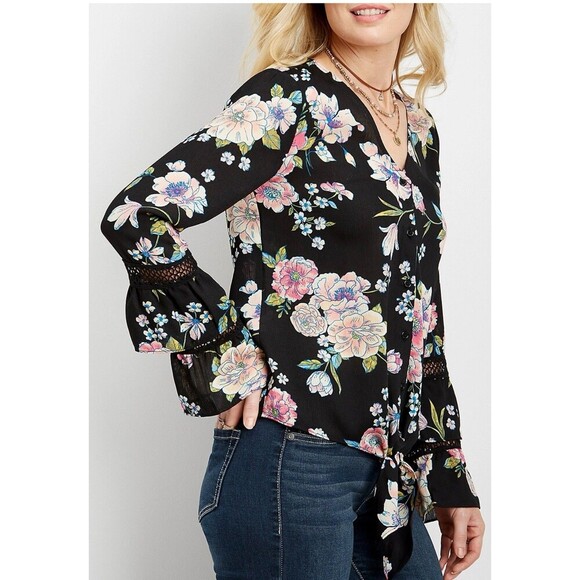 Maurices Floral  Blouse Size S Button Front Tie Hem Tiered Bell Sleeve Boho - Picture 1 of 16